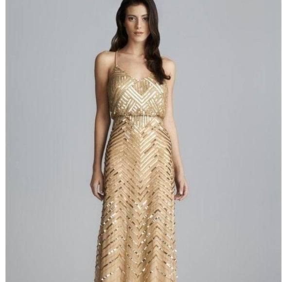 NWT Adrianna Papell Gold Chevron Beaded Blouson Gown 14 NWT Adrianna Papell Gold Chevron Beaded Blouson Gown 14